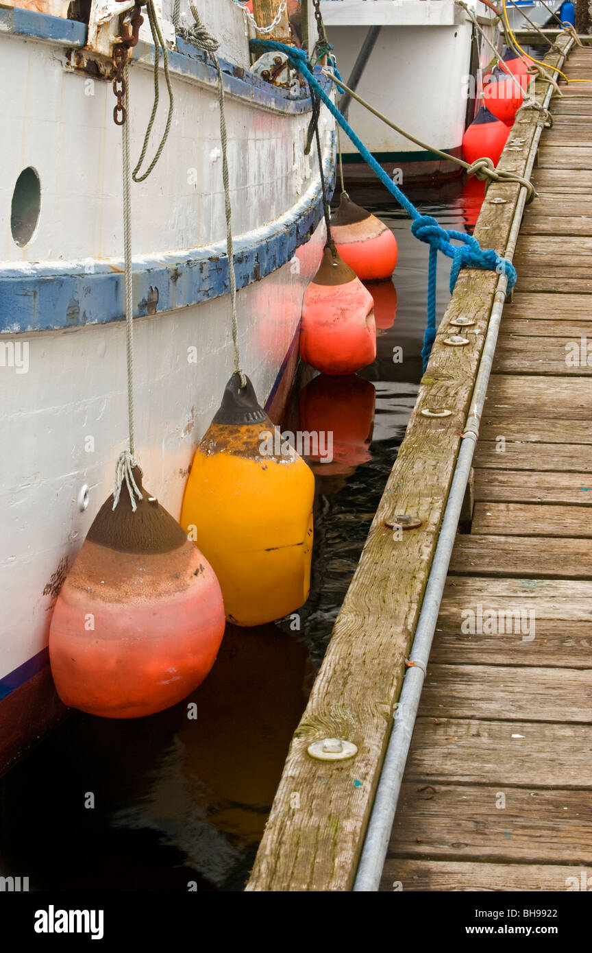 Moored boats along wharf with colourful mooring balls, Nanaimo, BC