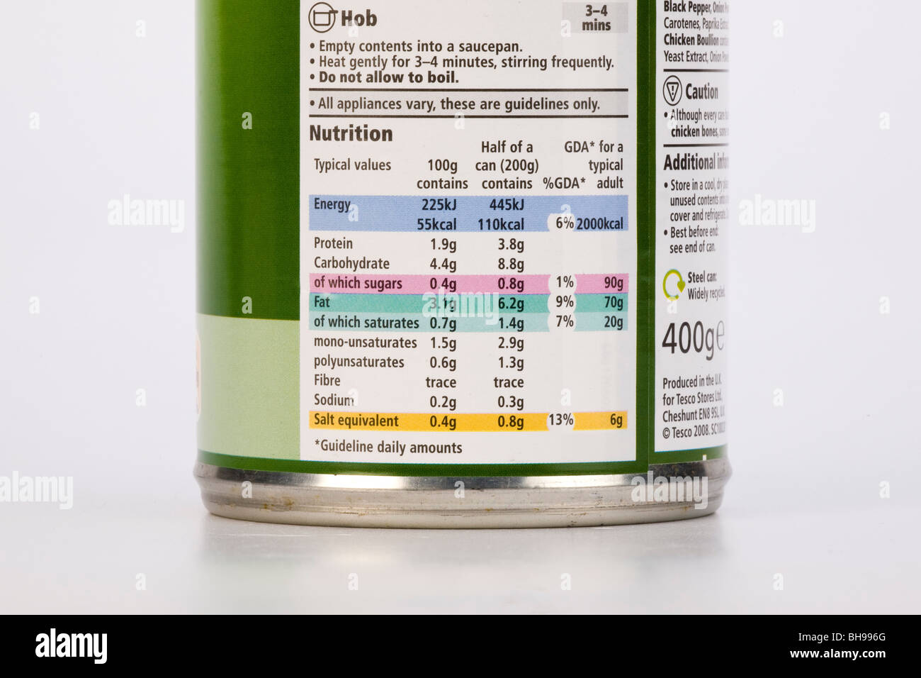 Food tin nutritional information health Stock Photo
