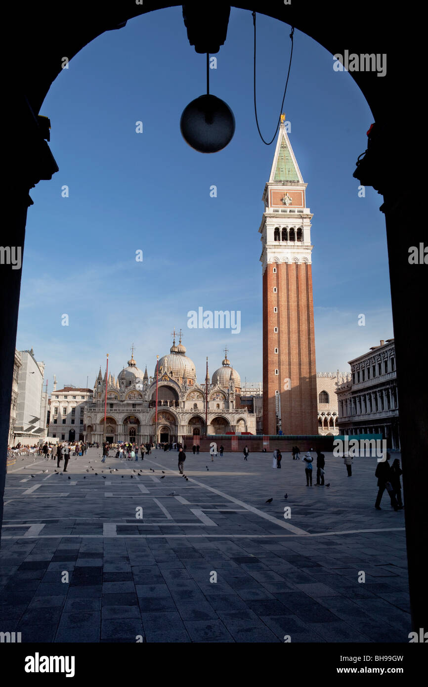 Framed view of Piazza San Marco with Basilica and bell tower, Venice, Italy Stock Photo