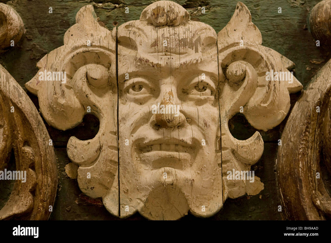 Old carved wooden face, Circus World Museum, Baraboo, Wisconsin, USA, North America. Stock Photo
