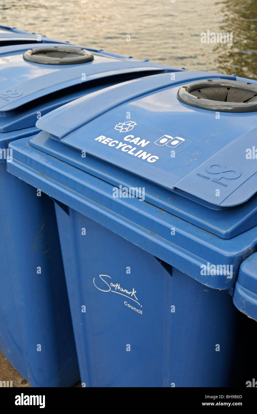 Can recycling bins next to the River Thames Southwark London England UK Stock Photo