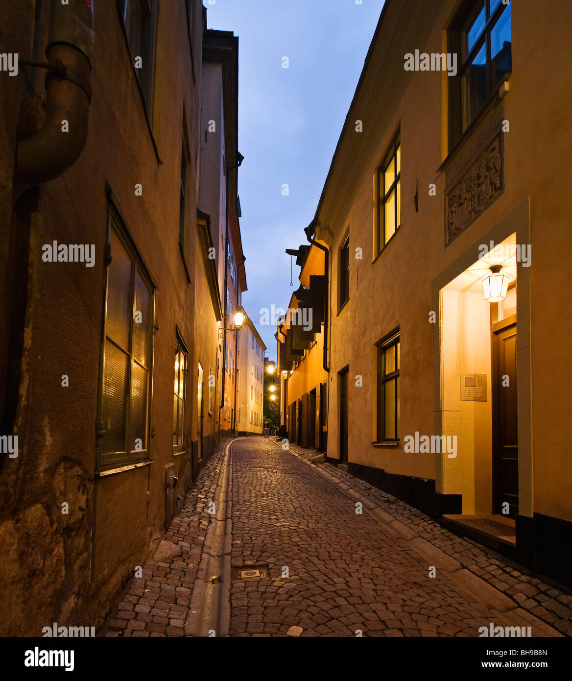 Cobble stone street of old town (gamla stan), Stockholm, Sweden Stock Photo