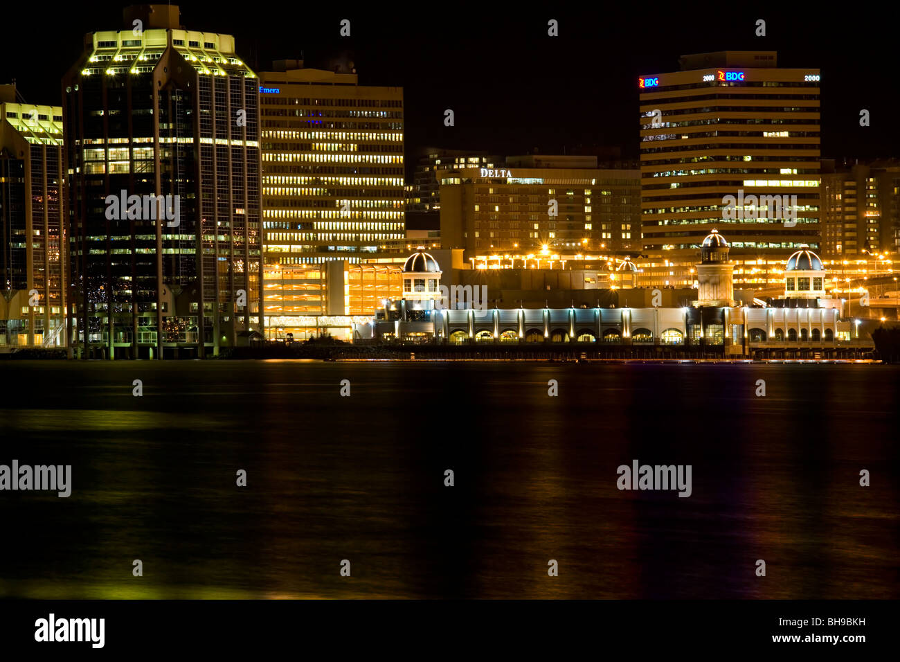 Night time view of the Halifax, Nova Scotia waterfront as viewed from the Dartmouth side. Stock Photo