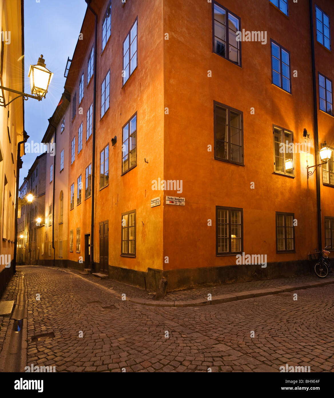 Cobble stone street of old town (gamla stan), Stockholm, Sweden Stock Photo