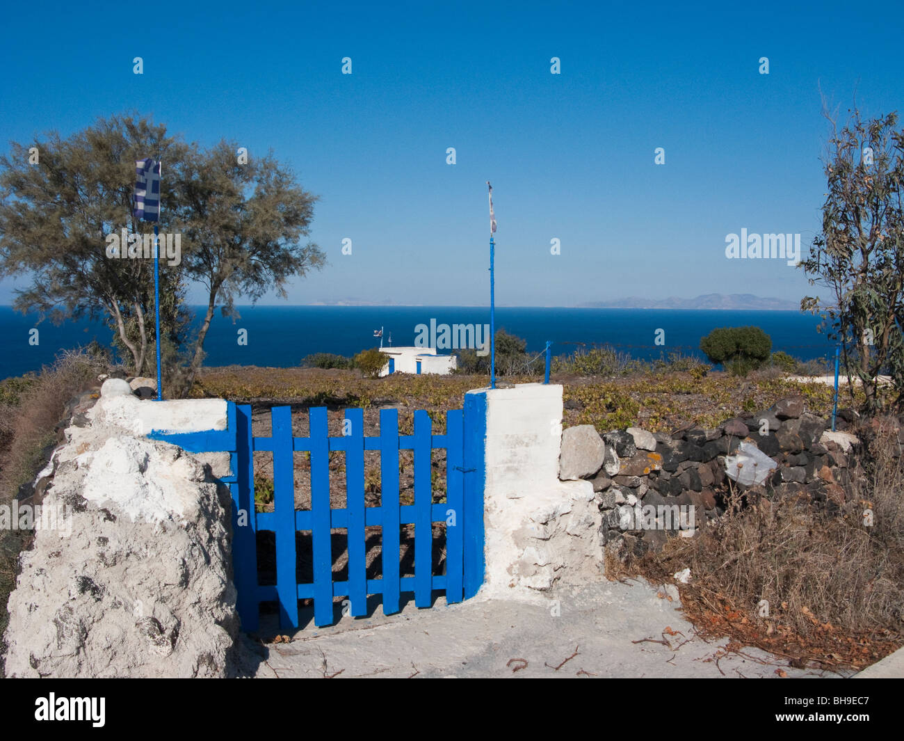 Gate to vineyard on Thirasia Island near Santorini,Greece Stock Photo