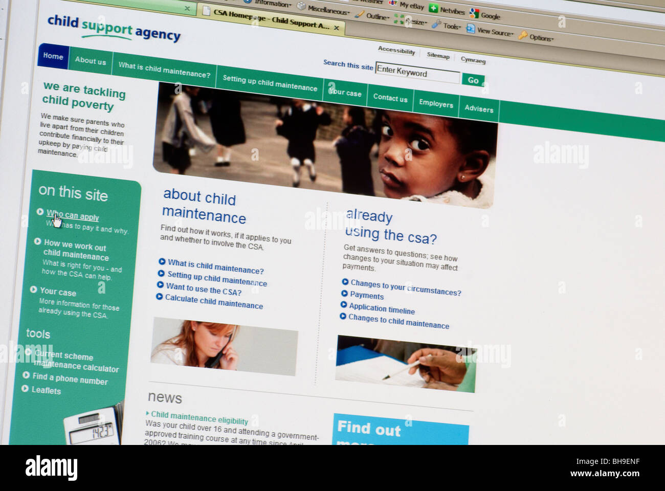 Macro screen shot of Department of Child Support Agency web site home page Stock Photo