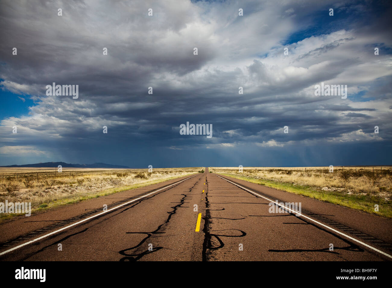 Empty road with storm clouds Texas USA Stock Photo