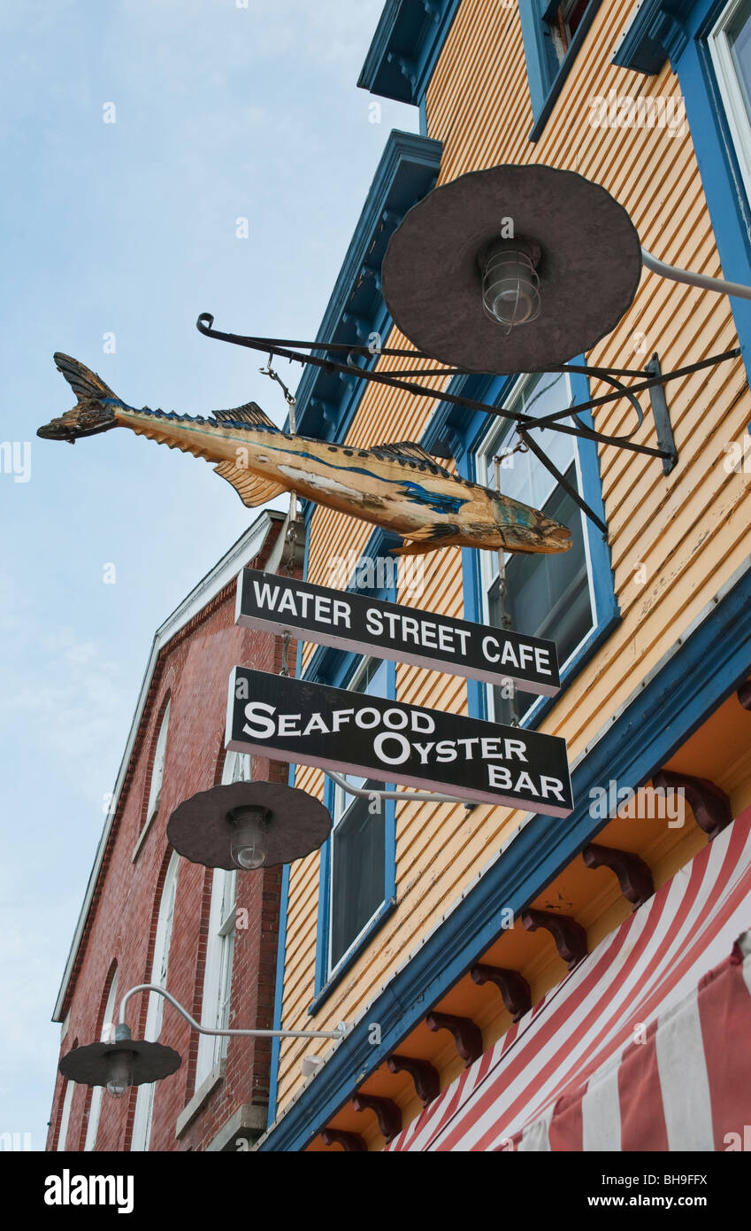 Connecticut Stonington Water Street Cafe seafood oyster bar restaurant sign Stock Photo