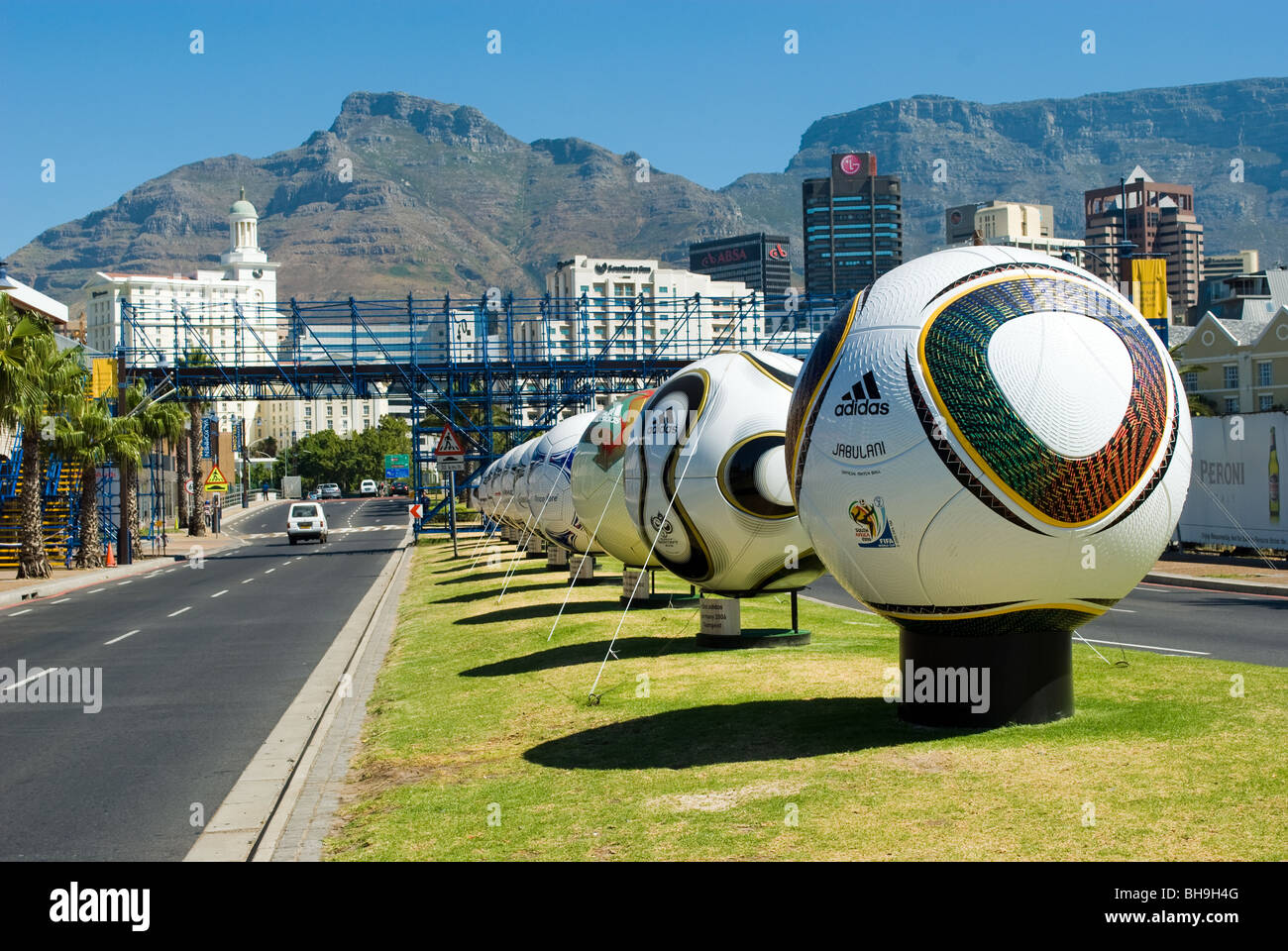 Giant footballs at the entrance to the Victorian & Albert Waterfront, Cape Town celebrating the 2010 World Cup. Stock Photo