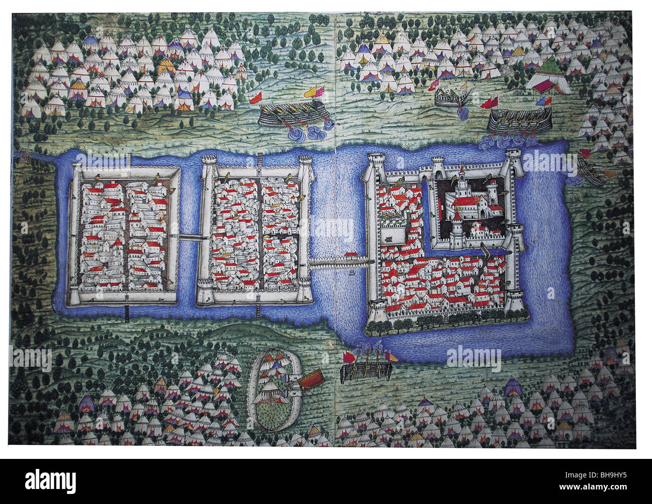 Miniature depicting Siege of Sigetvar by Feridun Ahmet, Topkapi Palace Museum, inventory 1339-32b-33a Stock Photo