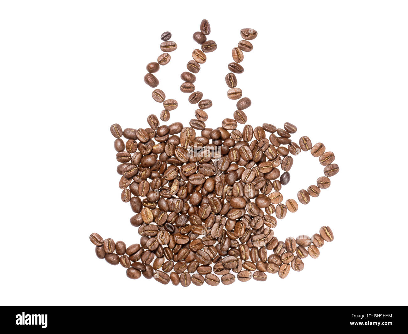 Coffee beans arranged into a shape of cup full of freshly brewed coffee isolated on white Stock Photo