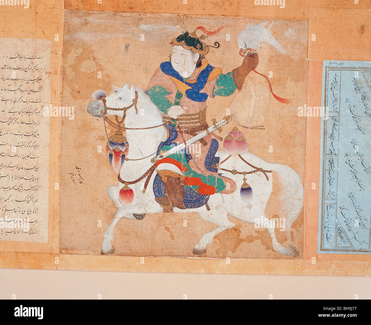 Miniature depicting an Oguz Khan hunting with eagle, Fatih Album 