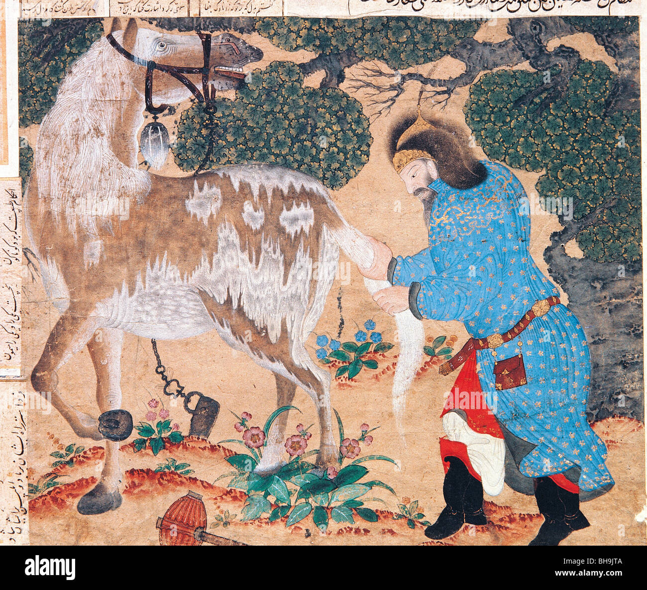 Miniature depicting, nomadic Oguz people of Siberian steppes and horse, Fatih Album, Topkapi Palace Museum Stock Photo