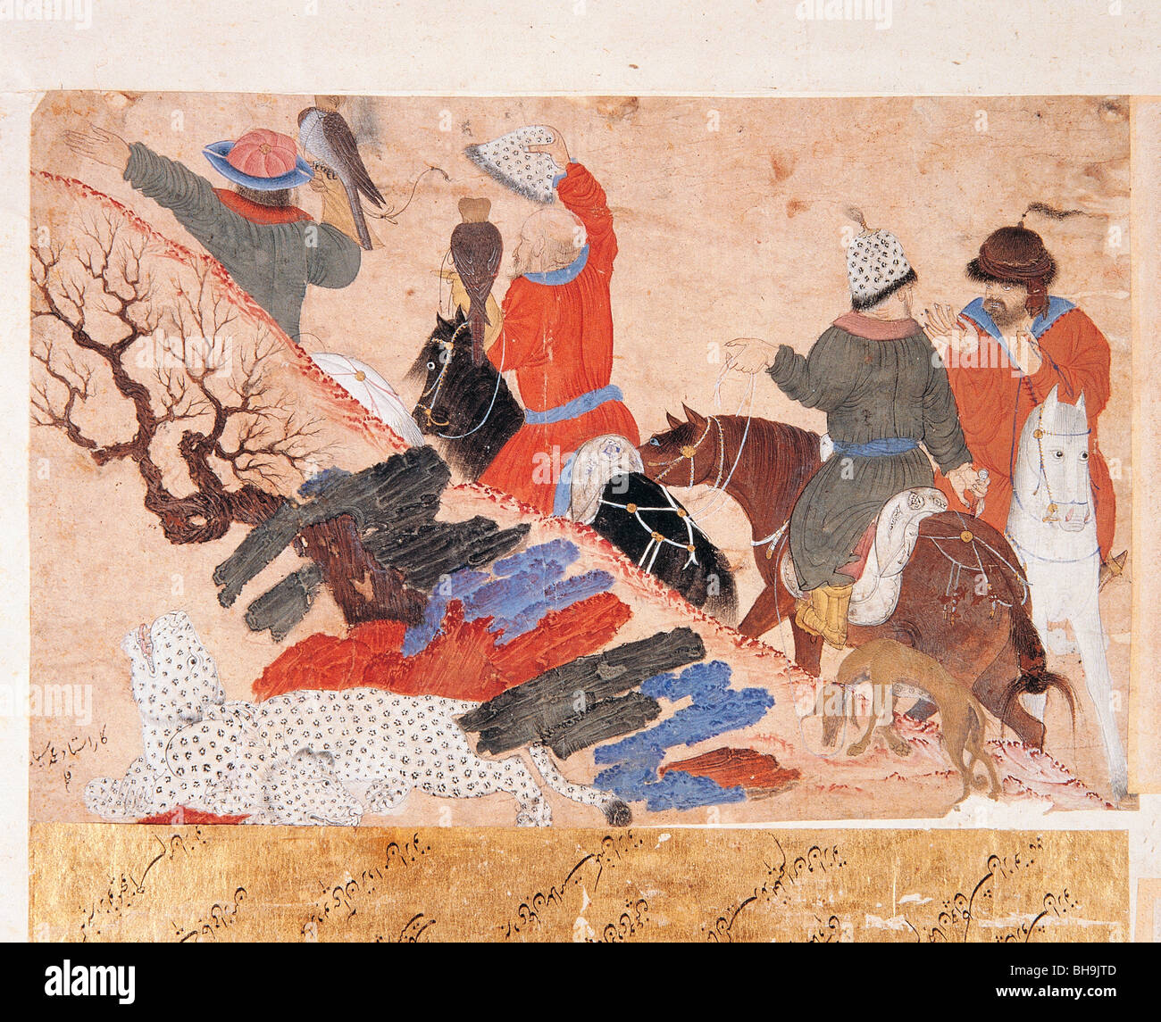 Miniature depicting a hunting scene with cheetahs of Oguz Khan, Fatih Album, Topkapi Palace Museum Stock Photo