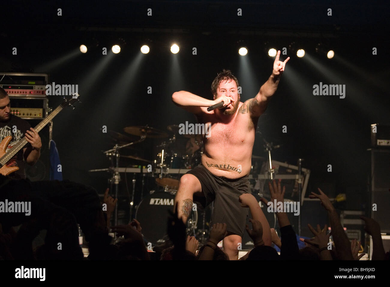 BUDAPEST - JANUARY 18: USA Death Metal Band called The  Black Dahlia Murders performs on stage at Diesel Club Stock Photo