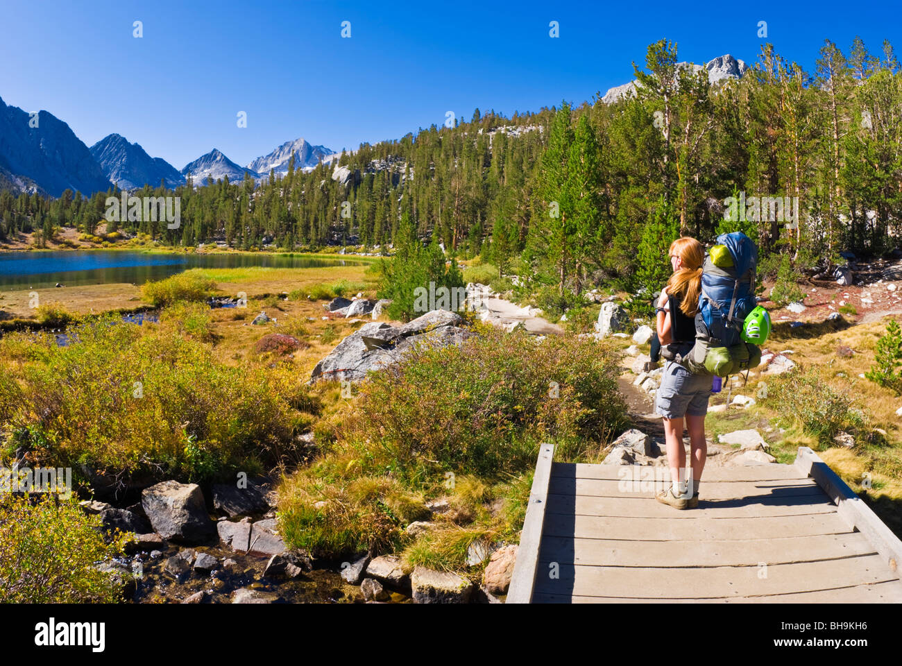 Backpackers in Little Lakes Valley, John Muir Wilderness, Sierra Nevada Mountains, California Stock Photo