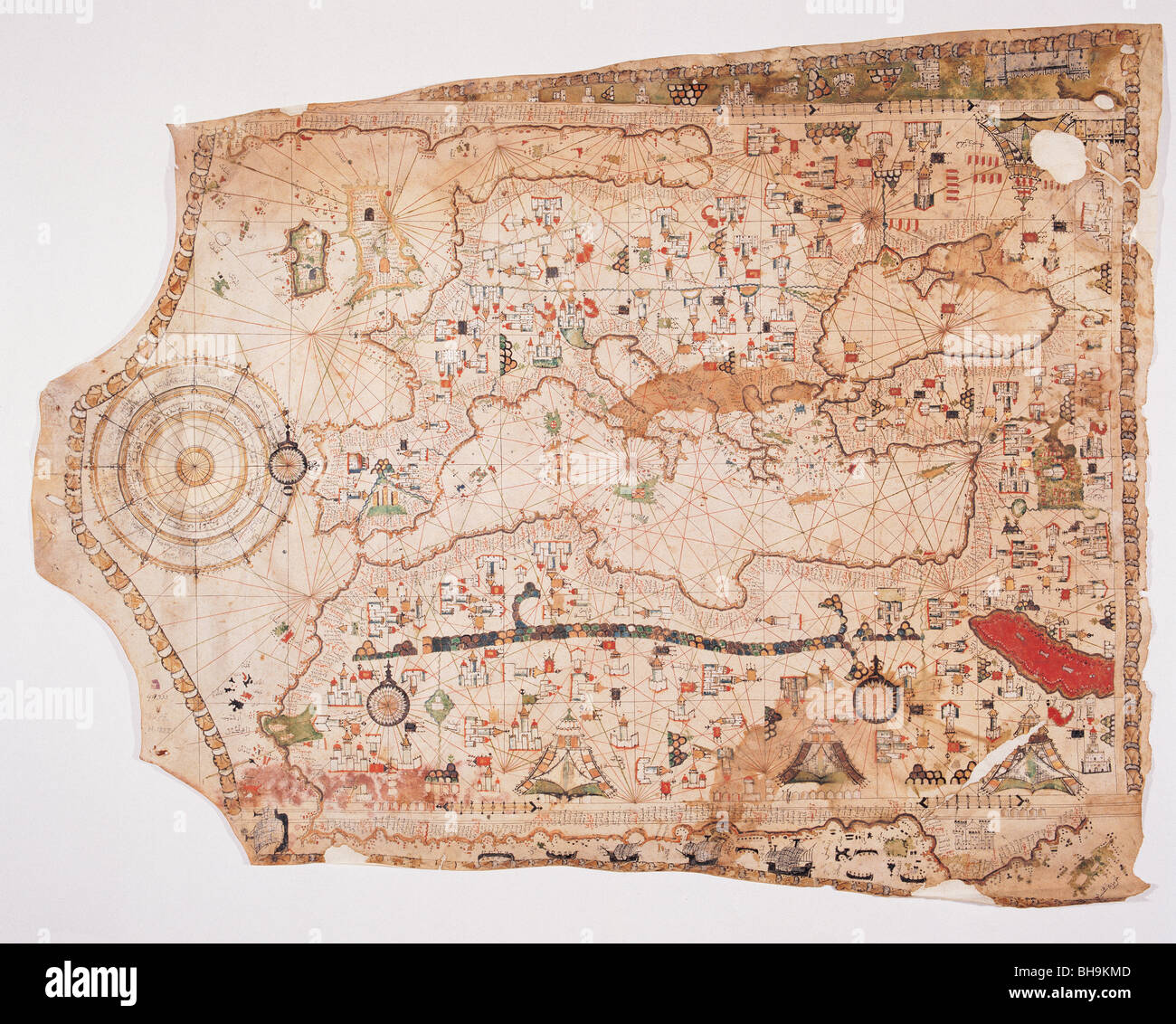 Chart of Europe, Africa and Middle East made by El Hacc Ebu'l Hasan on a parchment in 1560 Stock Photo