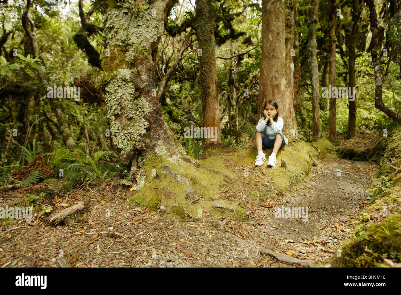 Girl in woodland, New Zealand Stock Photo