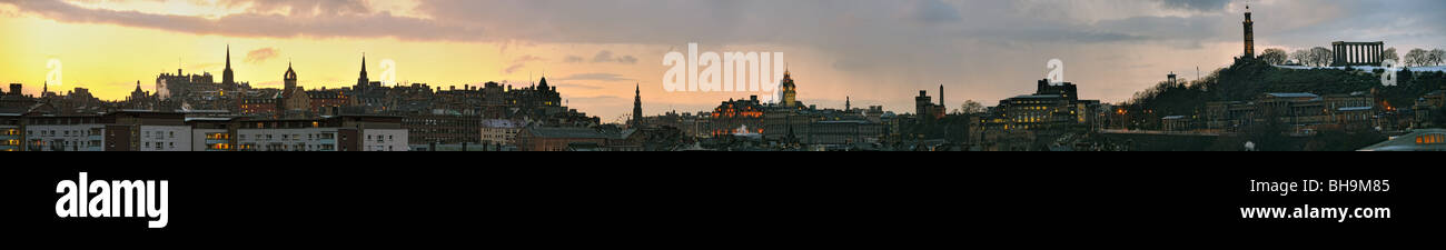 Panoramic view of Edinburgh, Scotland, UK, skyline at sunset in winter. Many of the city's attractions can be seen. Stock Photo