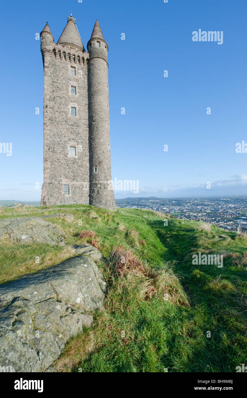 Scrabo Tower overlooking Newtownards, Co Down, Northern Ireland. Stock Photo