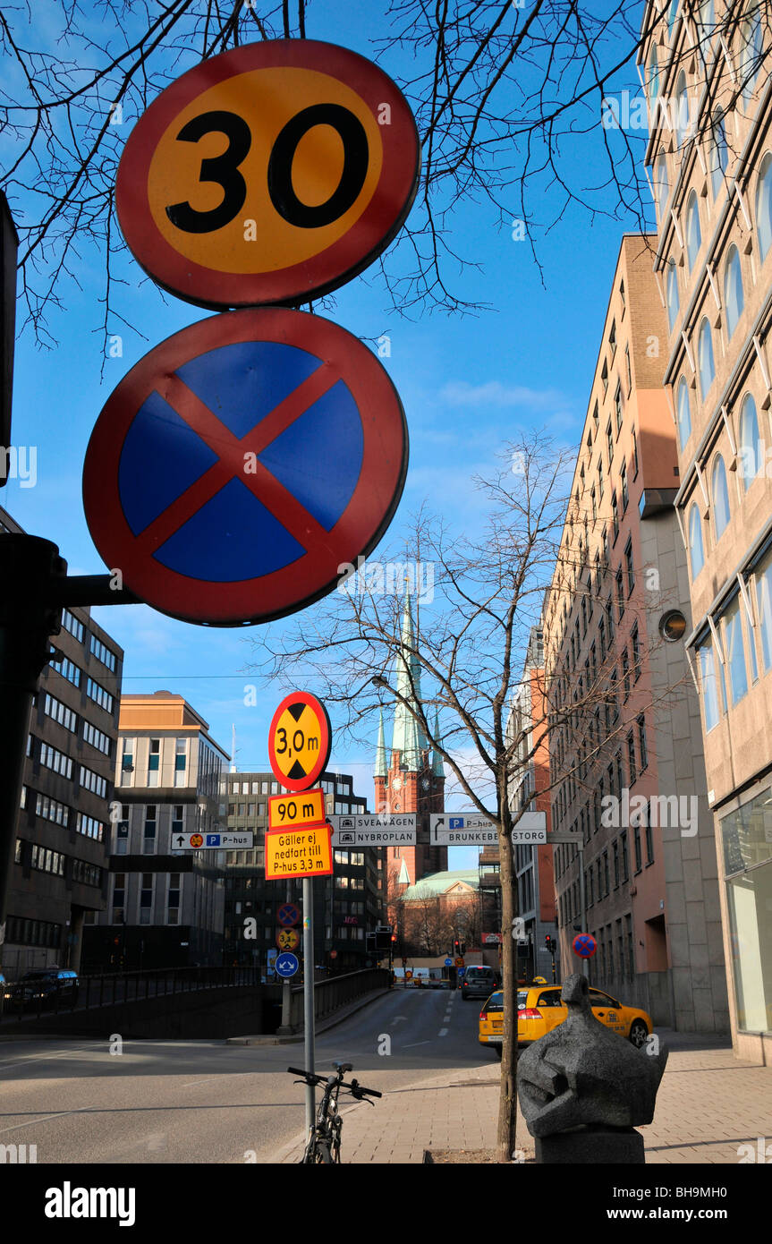 Sunny street scene in Stockholm, Sweden on a cold (6) February day