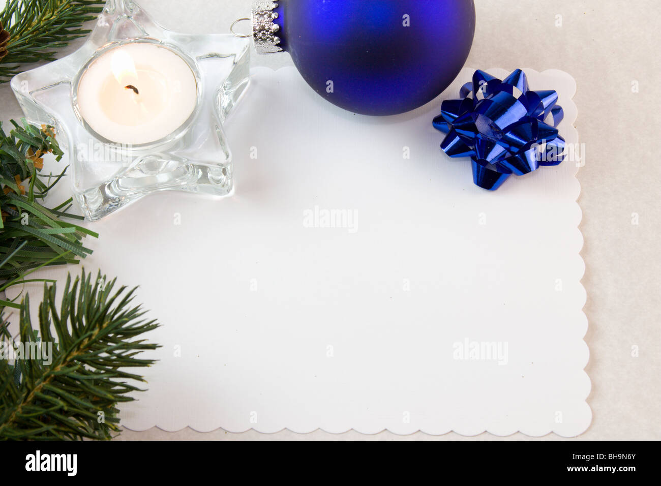blue Christmas bauble with fir branch and copy space Stock Photo