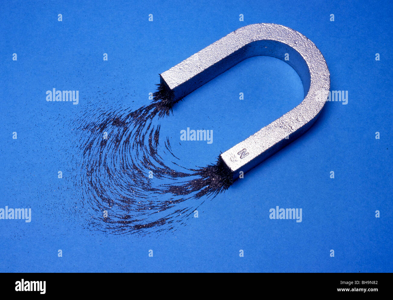 Iron filings show the fields of the two poles of a Ushaped