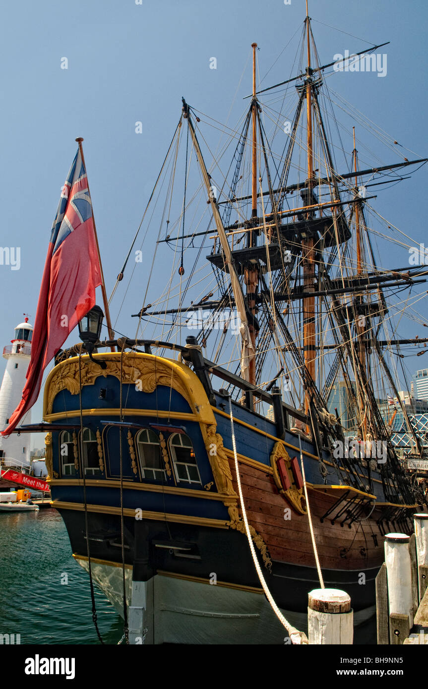 SYDNEY, Australia - SYDNEY, Australia - A full-size replica of Captain James Cook's HMS Endeavour ship on display at the Australian National Maritime Museum at Darling Harbour in Sydney Stock Photo