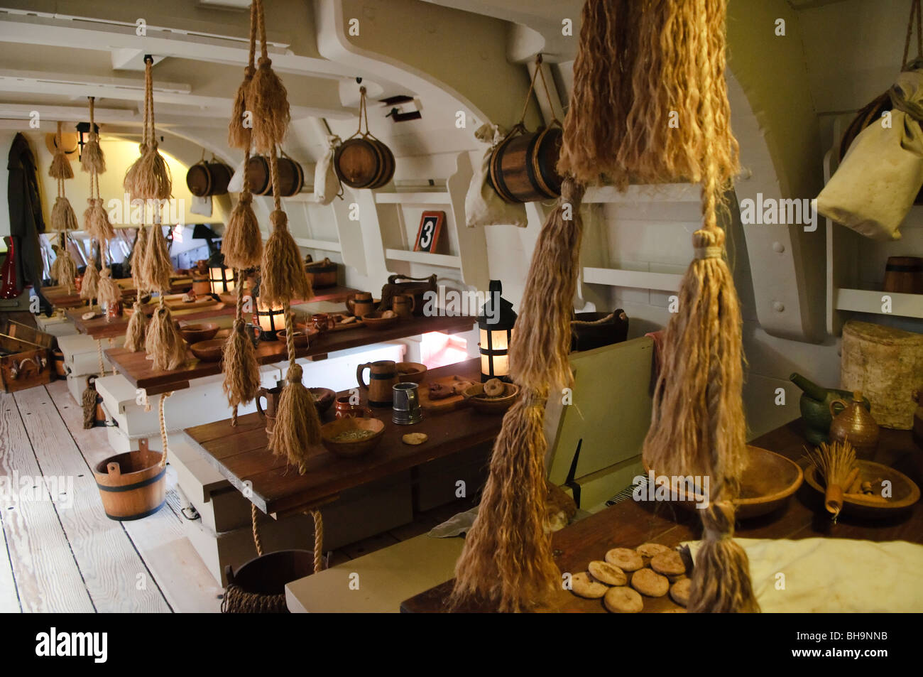 SYDNEY, Australia - SYDNEY, Australia - Interior below-decks of a full-size replica of Captain James Cook's HMS Endeavour ship on display at the Australian National Maritime Museum at Darling Harbour in Sydney Stock Photo