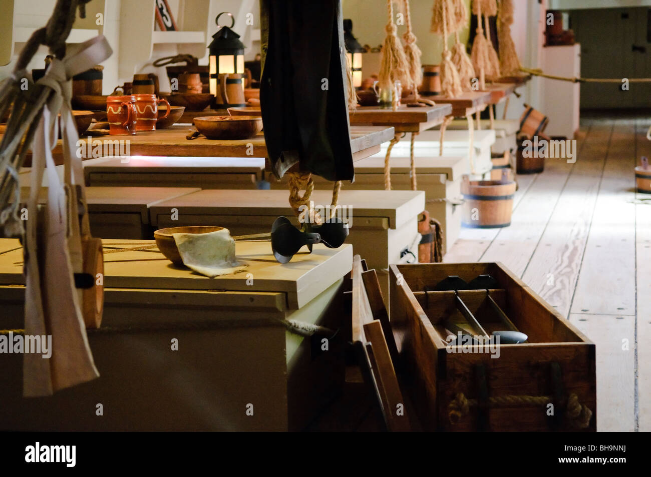 SYDNEY, Australia - SYDNEY, Australia - Interior below-decks of a full-size replica of Captain James Cook's HMS Endeavour ship on display at the Australian National Maritime Museum at Darling Harbour in Sydney Stock Photo