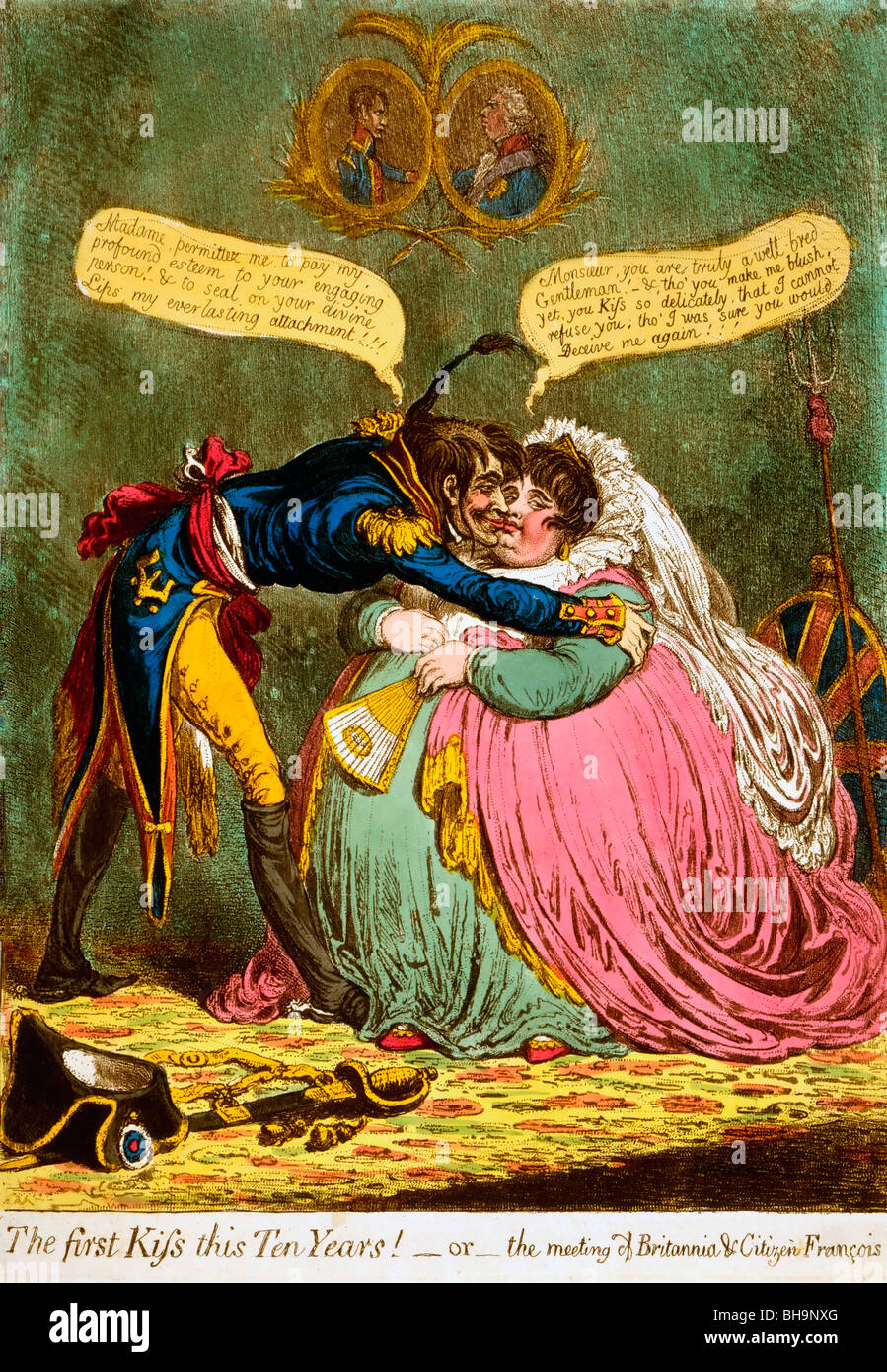 The first Kiss this Ten Years! - or - the meeting of Britannia & Citizen Francois, Political Cartoon, 1803 Stock Photo