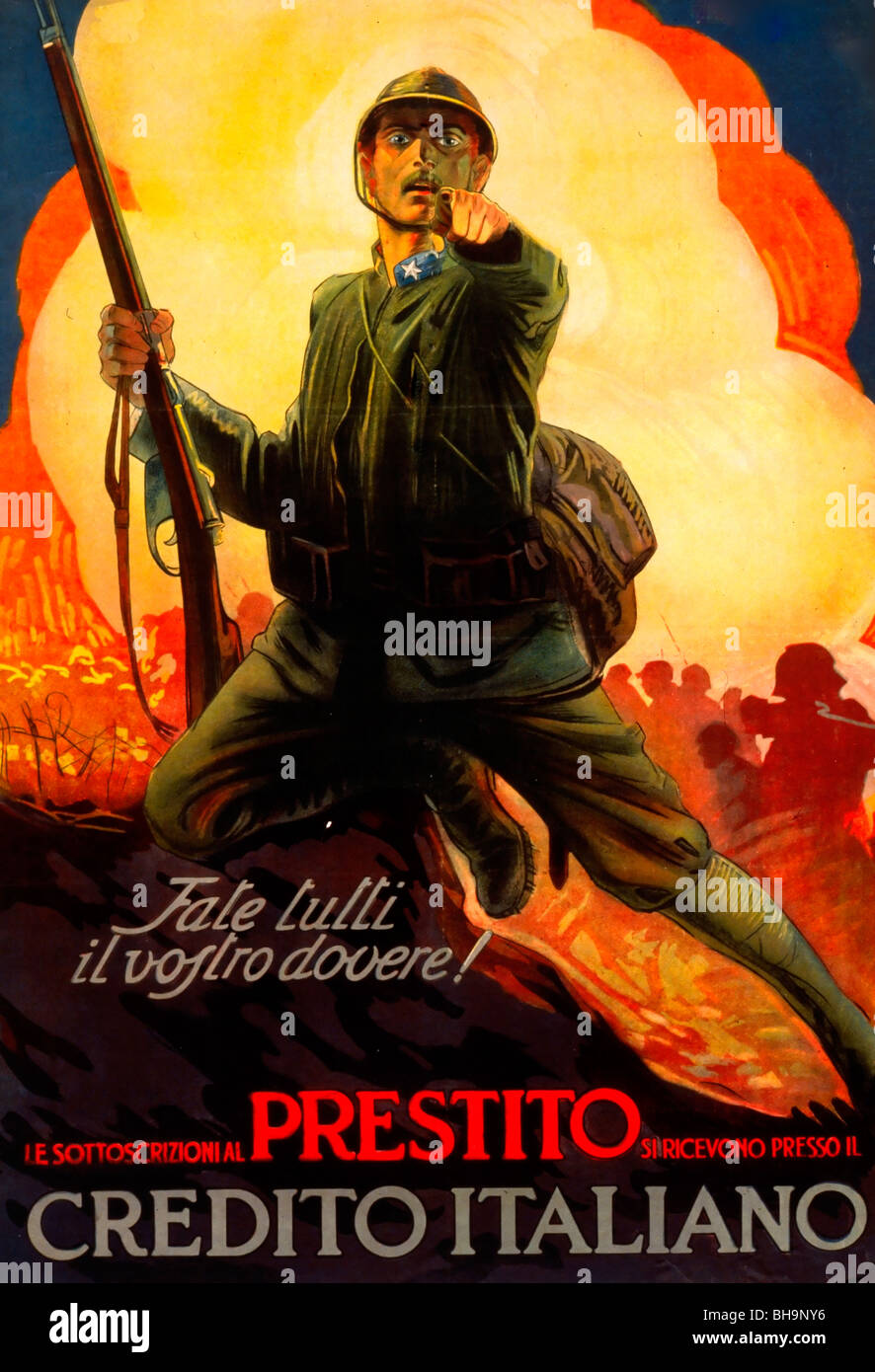 A soldier pointing a finger at the viewer. Battle scene in background. World War I Poster for Italian War Bonds Stock Photo