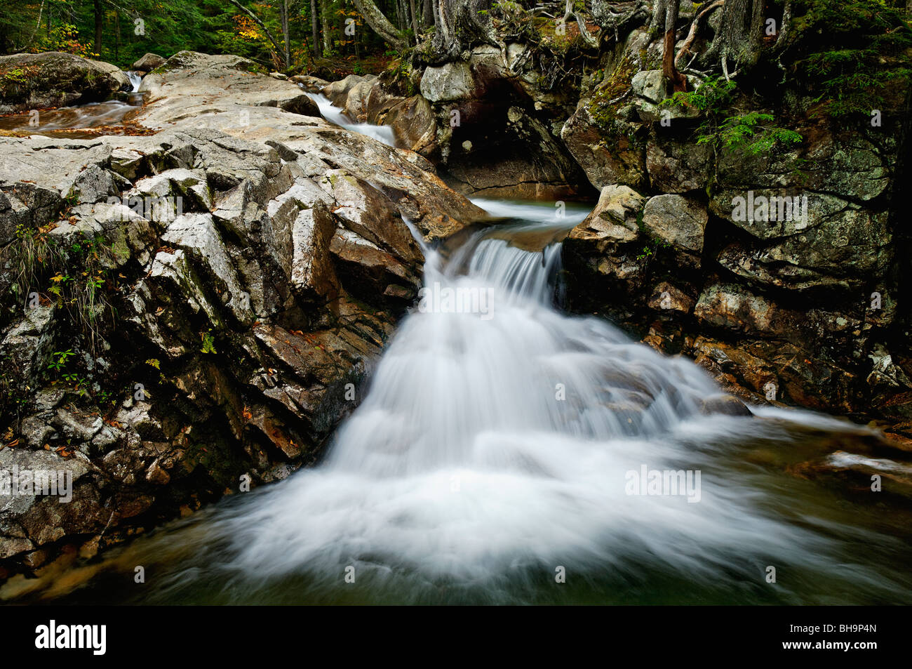 Cascade on the Pemigiwasset River in the Basin Area of Franconia Notch State Park of New Hampshire Stock Photo