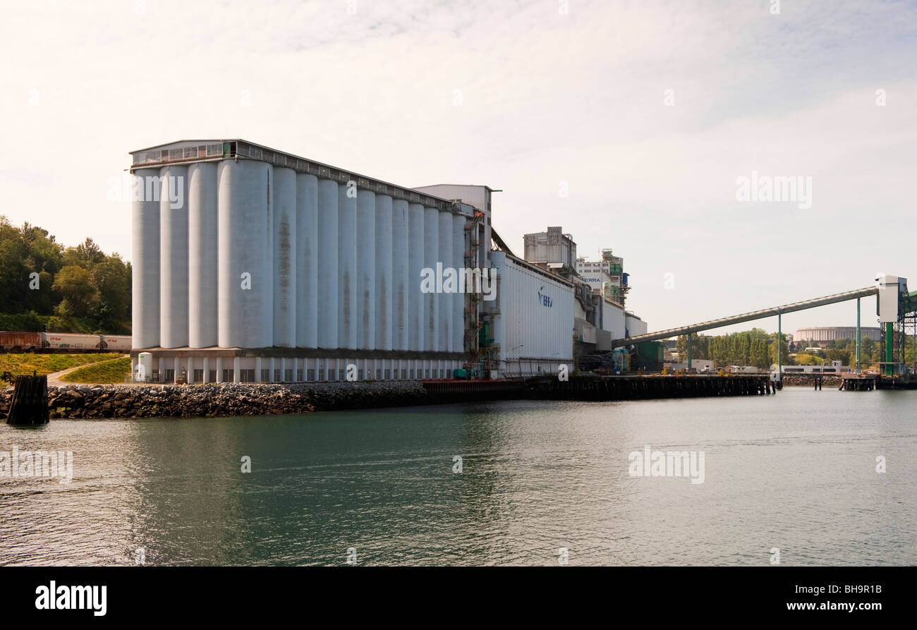 Grain elevators at the Viterra Cascadia Terminal, port of Vancouver, BC