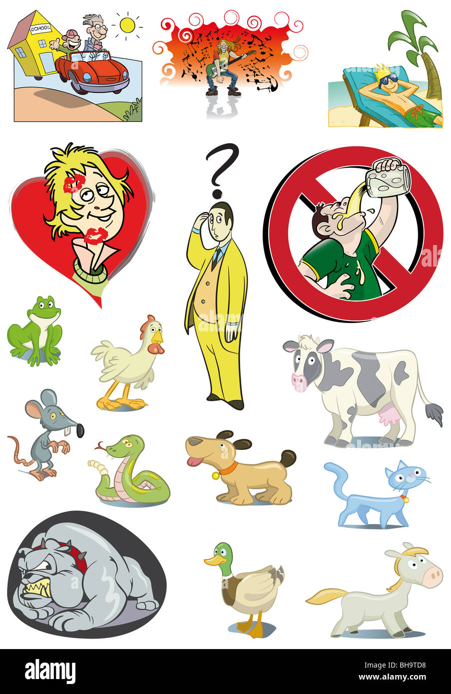 Variety of cartoon animals and characters Stock Photo
