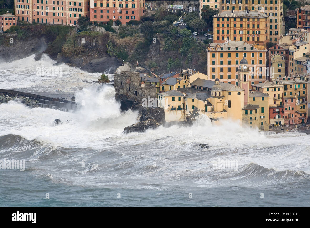 Sea storm in camogli, famous small town near Genoa, italy Stock Photo