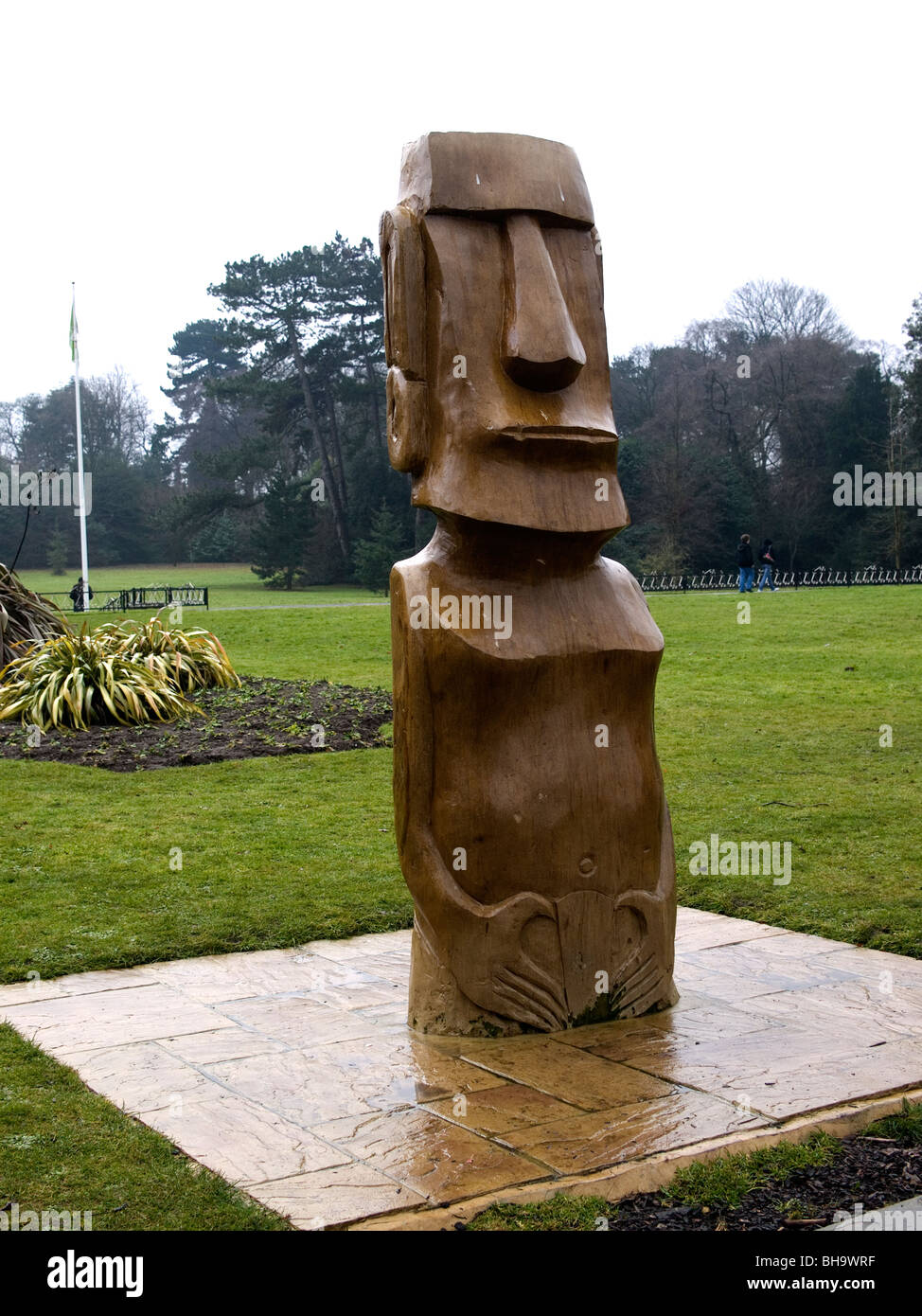 Replica of Easter Island statue by the entrance to Captain Cook's Birthplace Museum, Stewart Park, Marton, Middlesbrough Stock Photo