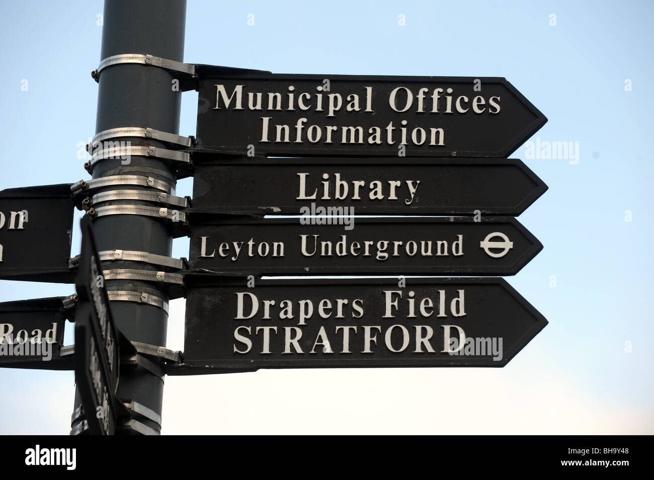 Information signs on Leyton High Road in the East End of London near the Olympic site for 2012 UK Stock Photo