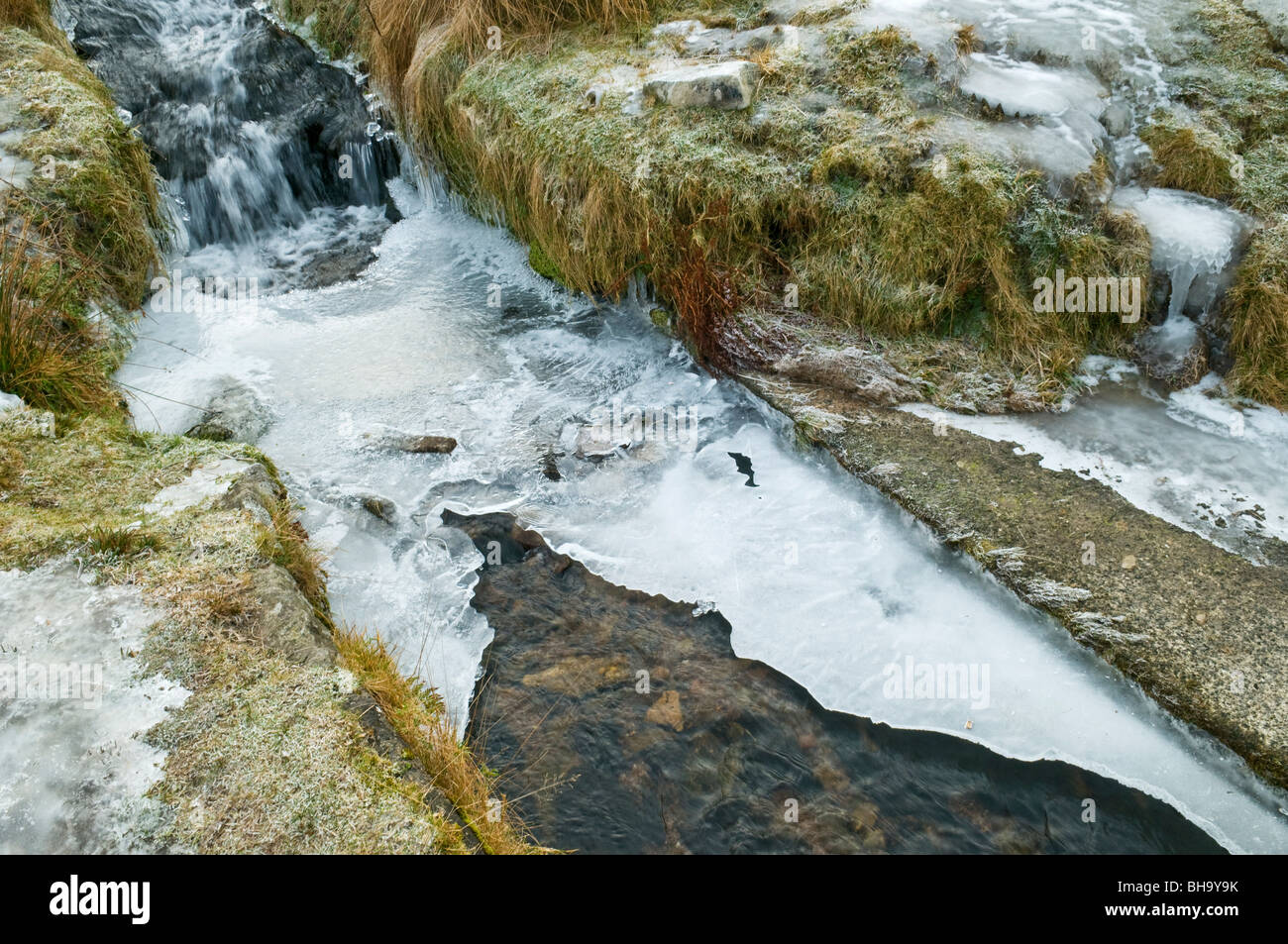 Devonport Leat partially iced over in cold weather on Dartmoor, Devon, UK Stock Photo