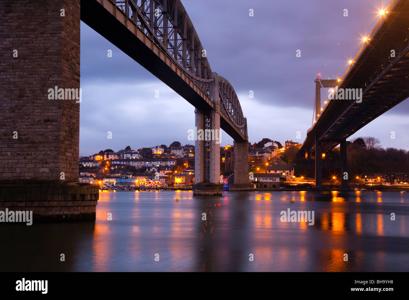 Tamar bridges; from Plymouth looking across to Saltash; rail to the left road to right Stock Photo