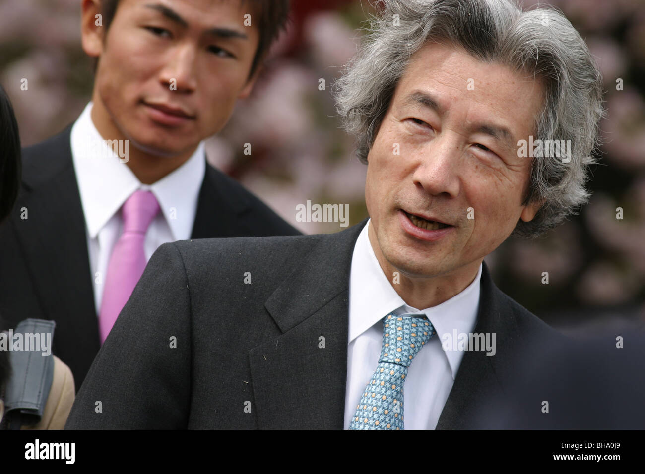 former Prime Minister Junichiro Koizumi at his 'Sakura Hanami' (cherry blossom flower viewing garden party, Tokyo Japan. Stock Photo