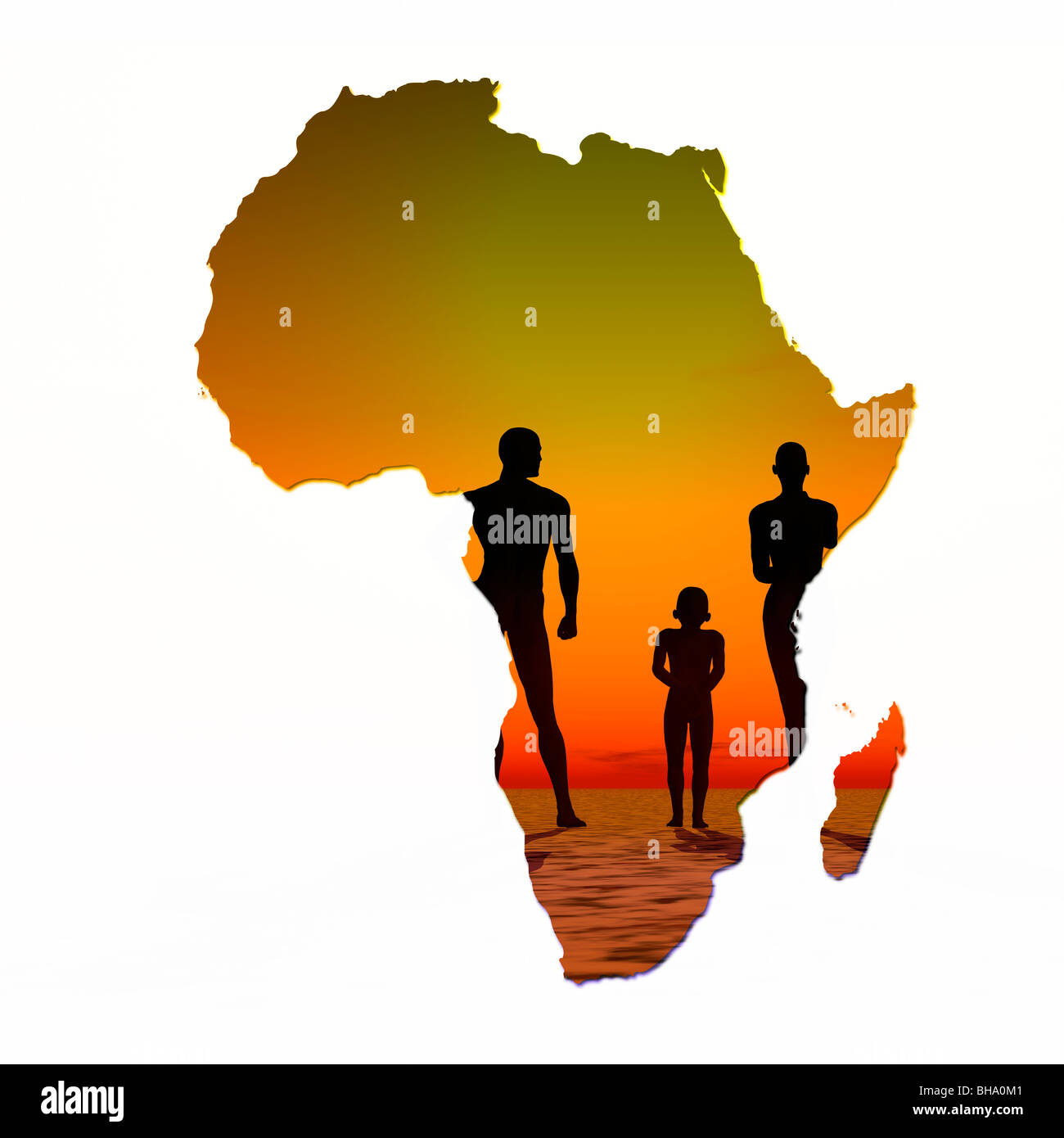 African Family Silhouetted on a Parched map of Africa Stock Photo
