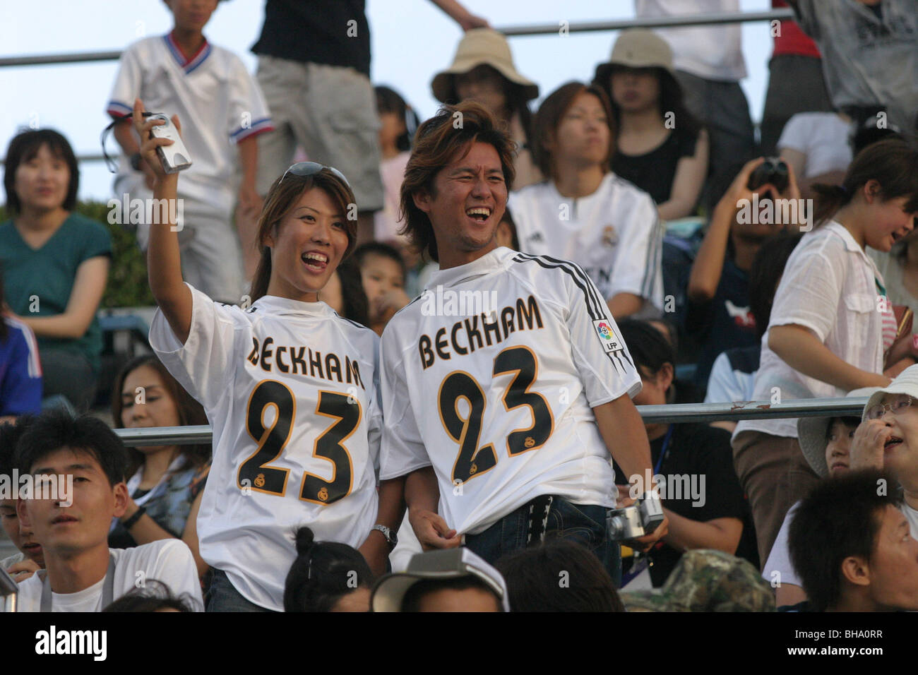 Real Madrid football club fans show their support for David Beckham, in Tokyo, Japan. Stock Photo