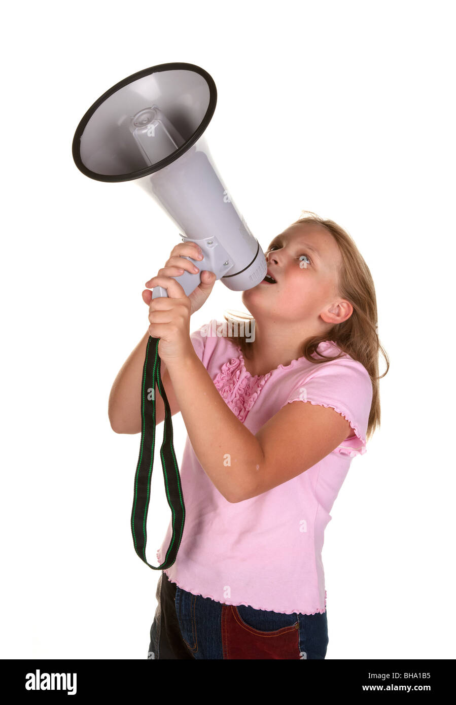 young girl yells into megaphone or bullhorn Stock Photo Alamy