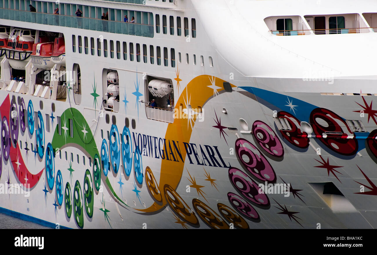 A view of the starboard side of the Norwegian Pearl cruise liner in port at Juneau Alaska. Stock Photo