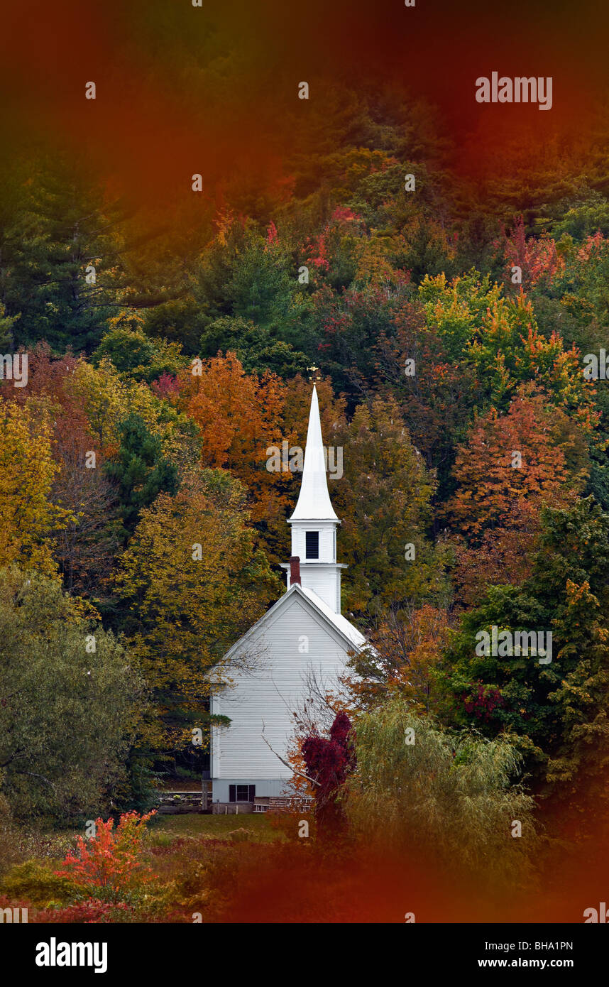 Little White Church Seen through Autumn Leaves in Eaton Center, New