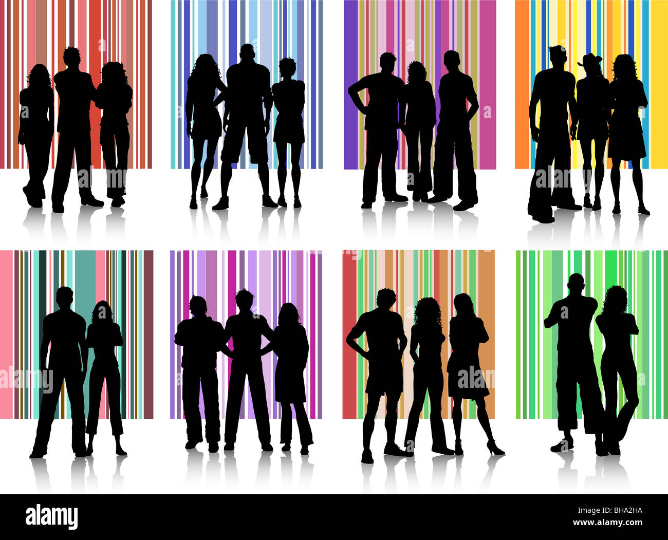 Silhouettes of various groups of people on retro backgrounds Stock Photo