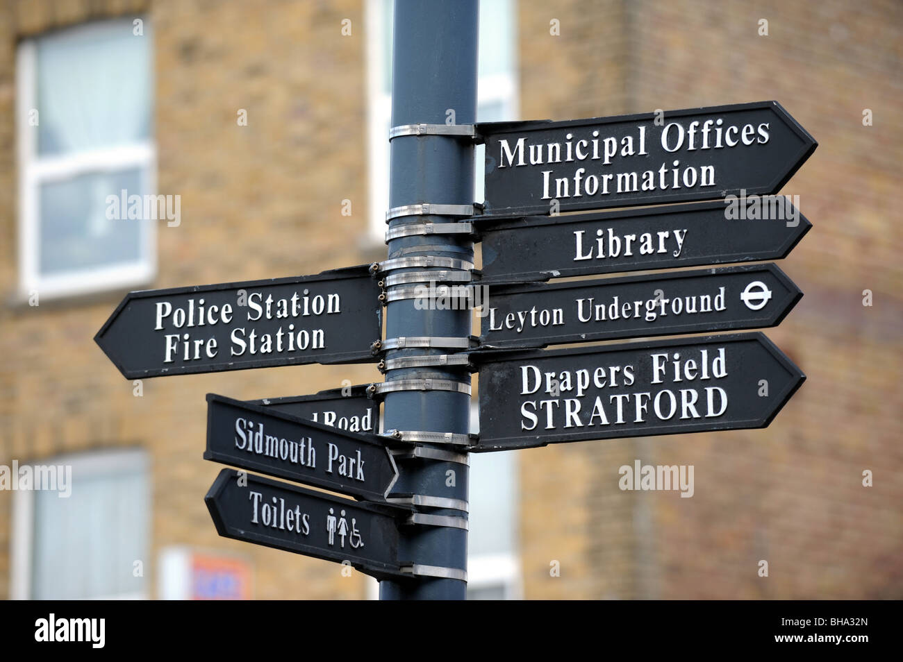 Information signs on Leyton High Road in the East End of London near the Olympic site for 2012 UK Stock Photo
