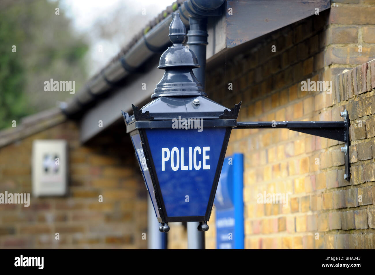 Old style police blue lamp on exterior of Heathfield Police Station in East Sussex UK Stock Photo