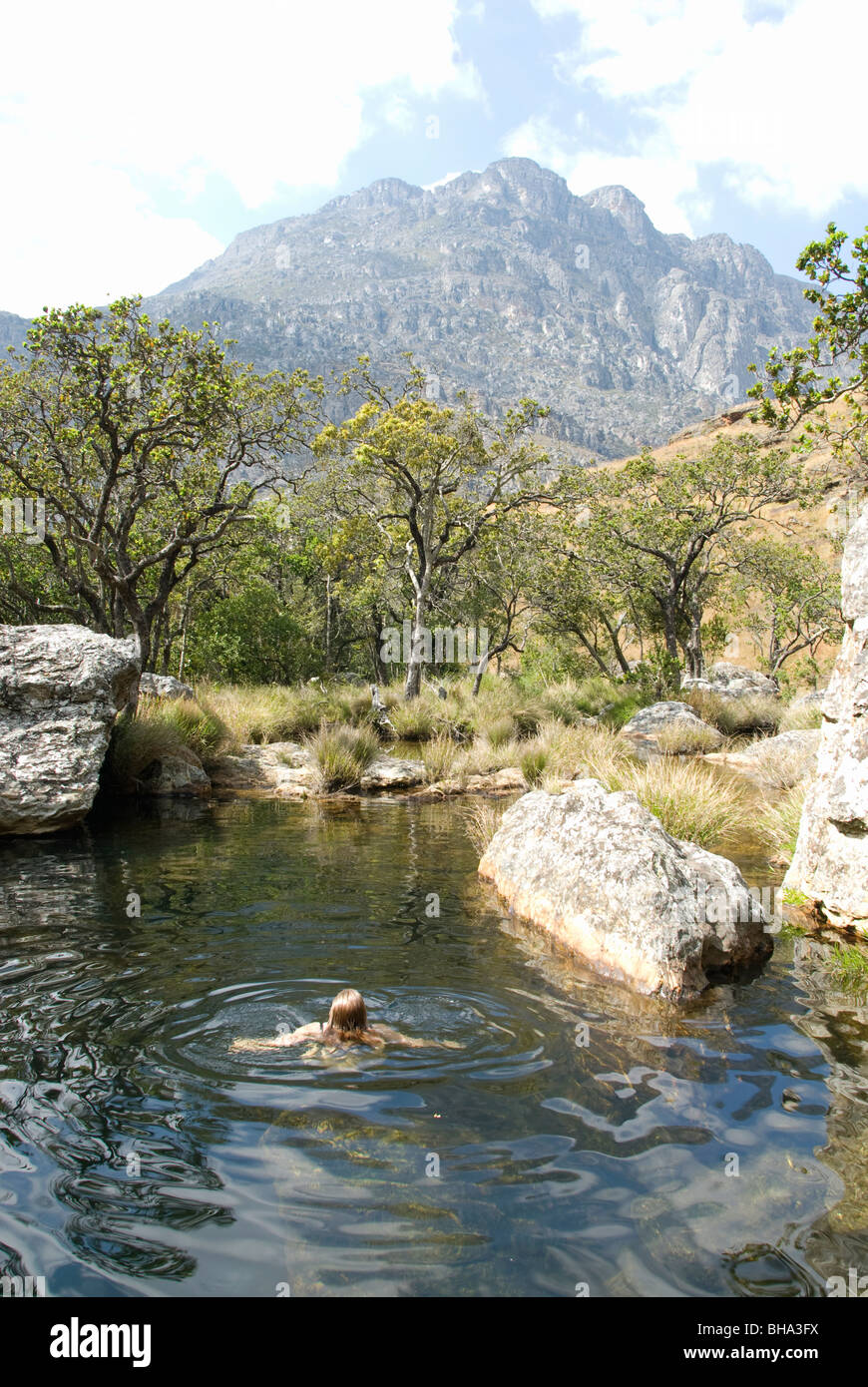 Hikers enjoy some of the most unspoiled wilderness in Southern Africa in Zimbabwe's Chimanimani Mountains. Stock Photo